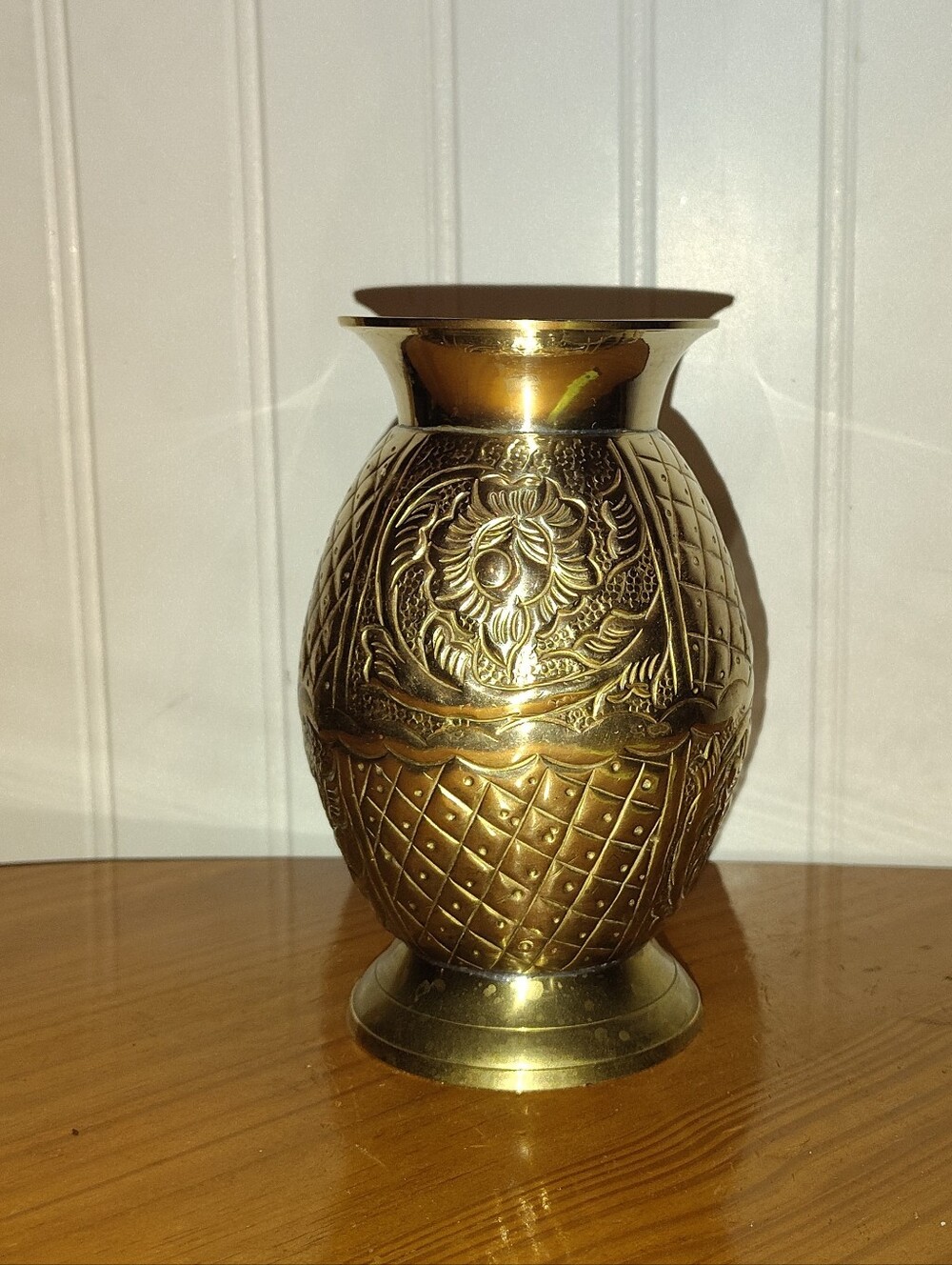 Brass Vase Embossed Floral & Geometric Design Made In India Vtg